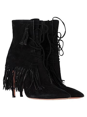 Aquazzura  Aquazzura Mustang 105 Fringe Heeled Ankle Boots in Black Suede (view 2)