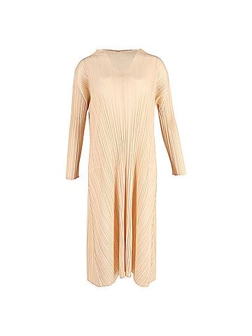 Issey Miyake  Issey Miyake Pleated Midi Long Sleeve Dress in Nude Polyester (view 1)