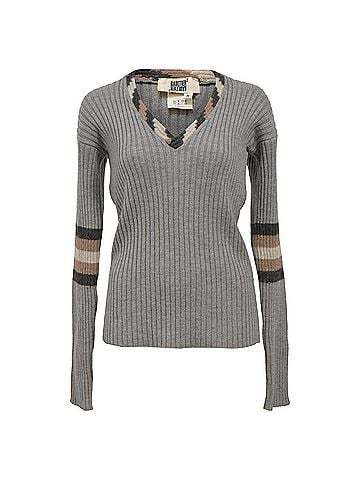 Jean Paul Gaultier Jean Paul Gaultier Ribbed Knit V-Neck Sweater in Grey Wool (view 1)