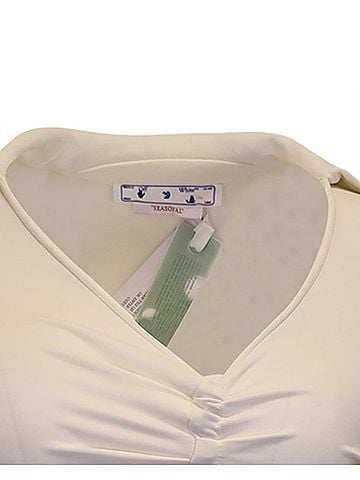 OFF-WHITE Off-White Asymmetric Cutout Ruched Stretch Dress in Cream Viscose (view 2)