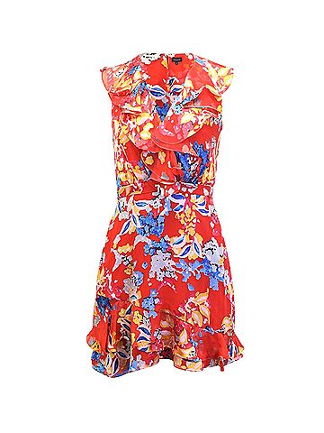Saloni Saloni Floral Print Ruffled Mini Dress in Red Silk (view 1)