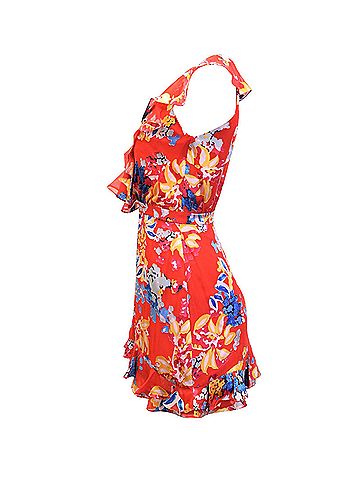 Saloni Saloni Floral Print Ruffled Mini Dress in Red Silk (view 2)
