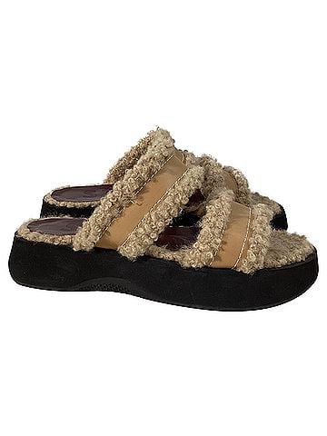 STAUD  Staud Siesta Shearling Slide Sandals in Brown Leather (view 1)