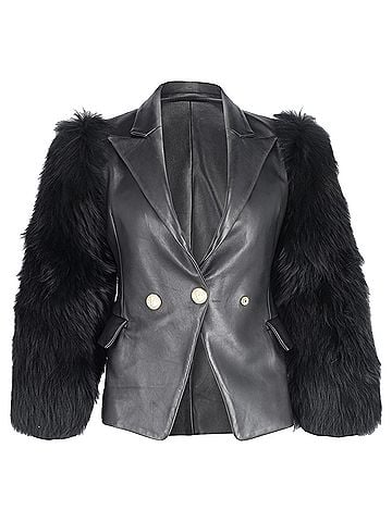 Balmain  Balmain Single Breasted Fur Sleeve Blazer in Black Leather (view 1)