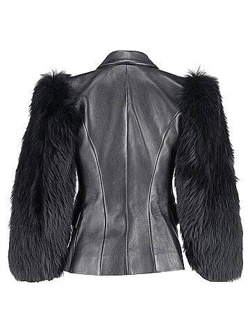 Balmain  Balmain Single Breasted Fur Sleeve Blazer in Black Leather (view 2)