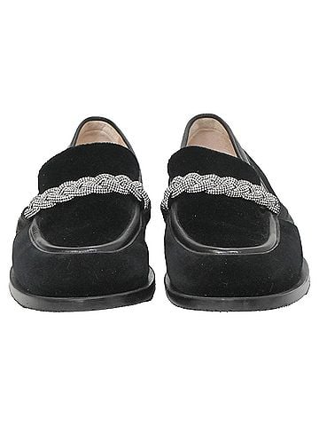 Stuart Weitzman Stuart Weitzman Crystal-Embellished Chain-Link Loafers in Black Suede (view 2)