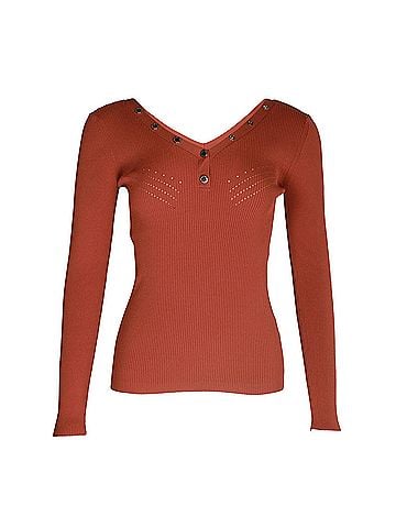 Sandro Sandro Justy Ribbed Long Sleeve V-Neck Sweater in Red Viscose (view 1)