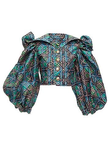 Chopova Lowena Chopova Lowena plaid tartan button puff sleeve crop shirt (view 1)