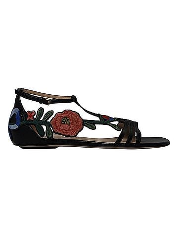 Gucci Gucci Ophelia Floral-Embroidered Flat Sandals in Black Leather  (view 1)