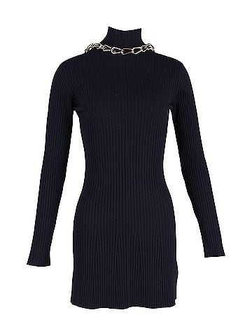 Dion Lee Dion Lee Chain-Embellished Open-Back Ribbed-Knit Mini Dress in Navy Blue Viscose (view 1)