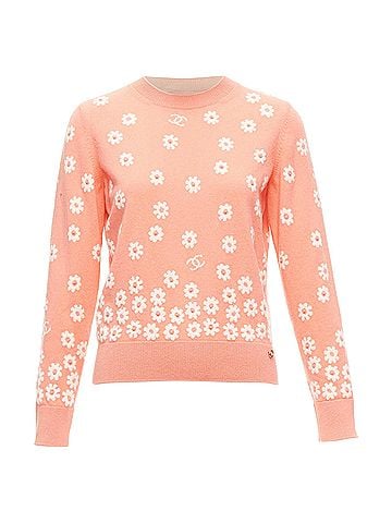 Chanel Chanel peach cashmere blend floral CC knitted pullover sweater (view 1)