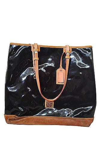 Dooney & Bourke black patent leather, shoulder bag, leather trim, suede trim, red lining, carry all tote, large, Leather Shoulder Bag (view 1)