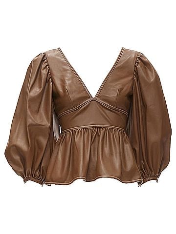 STAUD Staud Luna vegan leather plunge neck puff sleeve top (view 1)