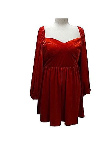 ELOQUII Vibrant Red Velvet Long Sleeve Dress Casual Dress (view 1)