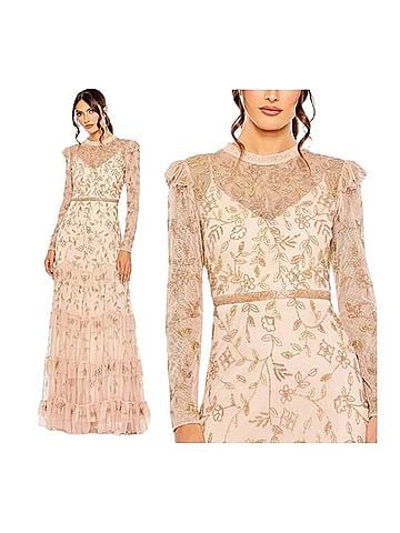 Mac Duggal Mac Duggal 9237 Blush Beaded Tulle Formal Gown Long Sleeve Size 20 Cocktail Dress (view 2)