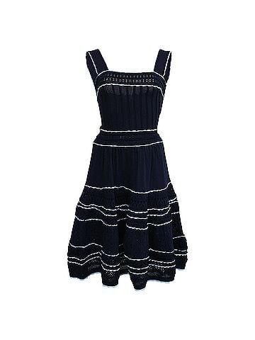 Sandro Sandro Pointelle-Knit Fir and Flare Mini Dress in Navy Blue Viscose (view 1)
