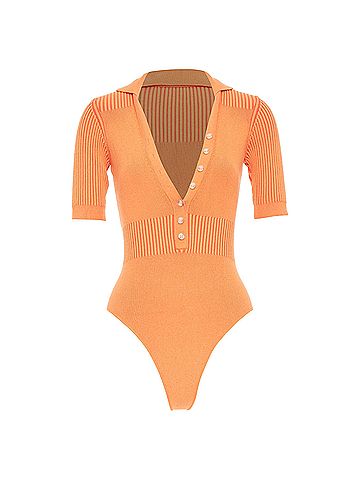 Jacquemus JACQUEMUS Le Body Yauco orange ribbed knit plunge polo bodysuit top FR36 S (view 1)