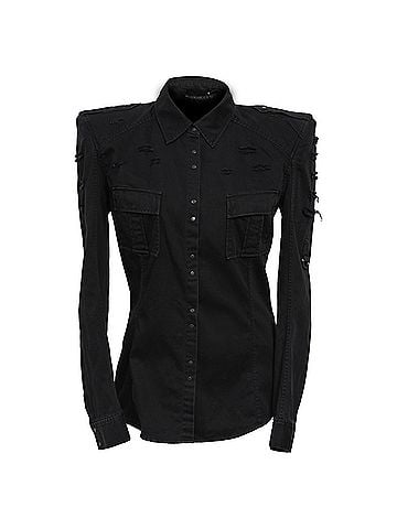 Balmain Balmain Distressed Denim Shirt in Black Cotton (view 1)