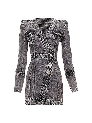Balmain Balmain acid washed denim button embellished wrapped mini dress (view 1)