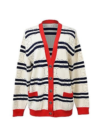 Gucci  Gucci Love Parade Pointelle-Knit Striped Button-Down Cardigan in Cream Cotton (view 1)
