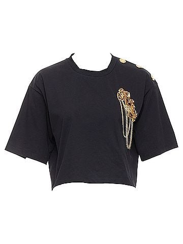 Balmain Balmain buttons chain embellished brooch cotton crop tshirt (view 1)