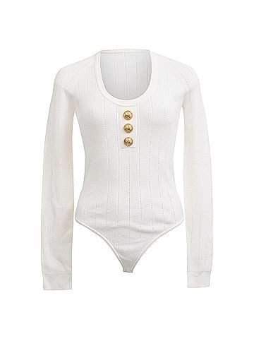 Balmain Balmain Ribbed Scoop-Neck Bodysuit in White Viscose (view 1)