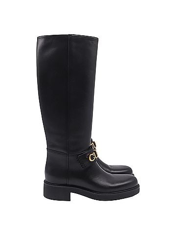 Gucci  Gucci Logo-Plaque Knee-High Boots in Black Leather (view 1)