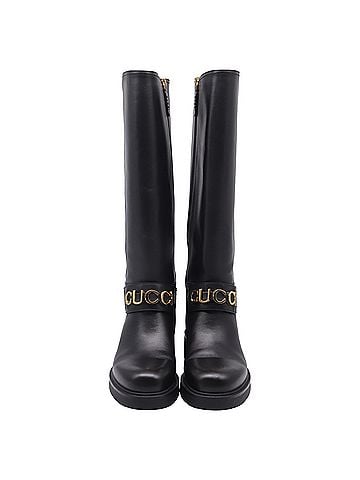 Gucci  Gucci Logo-Plaque Knee-High Boots in Black Leather (view 2)