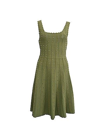 Sandro Sandro Avah Scalloped Embellished Ribbed-knit Mini Dress in Olive Polyamide (view 1)
