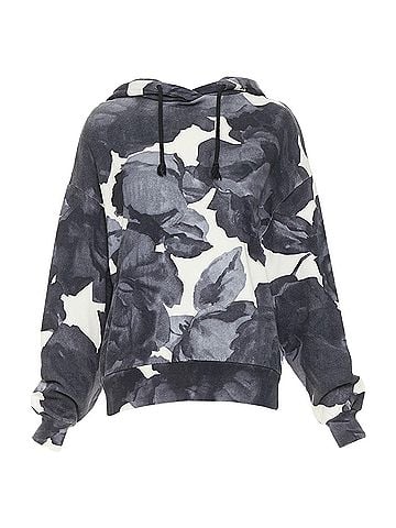 Dries Van Noten DRIES VAN NOTEN grey ivory cotton abstract rose print black drawstring hoodie S (view 1)