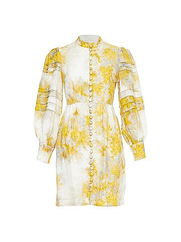 Zimmermann ZIMMERMANN 2021 Botanica yellow grey linen Wattle floral puff sleeve dress Sz1 S (view 1)