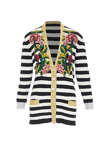 Gucci GUCCI Michele black white cashmere wool flower embroidered gold cardigan XXS (view 1)