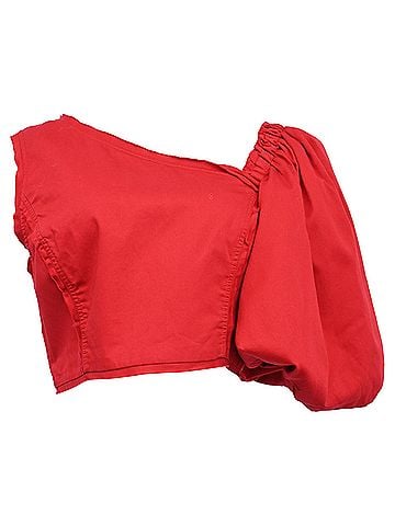 Aje. Aje Apres Asymmetric Puffed-Sleeve Cropped Top in Red Cotton (view 1)