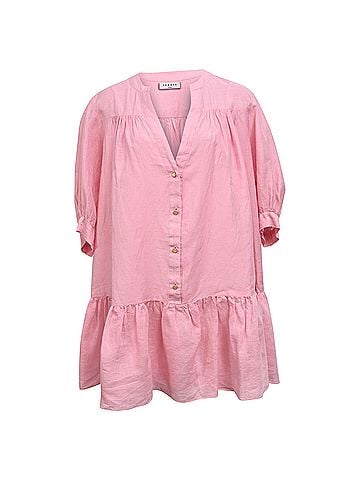 Sandro  Sandro Paris Buttoned Mini Flared Dress in Pink Linen (view 1)