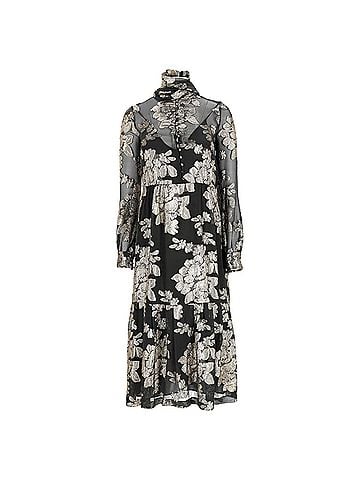 Saint Laurent Saint Laurent Floral Sheered Midi Dress in Black Silk (view 1)