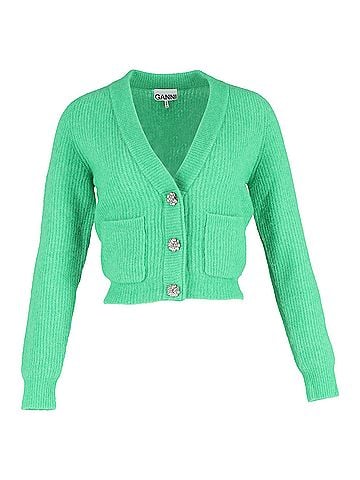 Ganni Ganni Crystal-embellished Knitted Cardigan In Green Merino Wool (view 1)