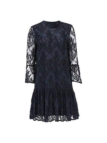 Ganni Ganni Ruffled Embroidered Lace Mini Dress inNavy Blue Viscose (view 1)