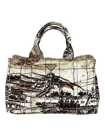 Prada PRADA Canapa Triangle Logo Hardware Printed Canvas Tote Bag Boston Brown Ivory 52405 (view 1)