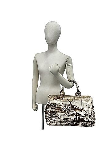 Prada PRADA Canapa Triangle Logo Hardware Printed Canvas Tote Bag Boston Brown Ivory 52405 (view 2)