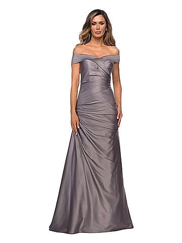 La Femme Off the Shoulder Satin Evening Dress with Pleating 28103 Cocktail Dress (view 1)