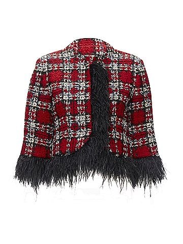 Halpern Halpern tweed feather trim cropped jacket (view 1)