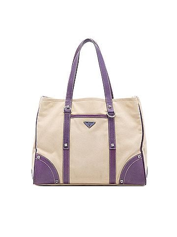 Prada Studded Leather Trimmed Canvas Front Pocket Tote (view 1)