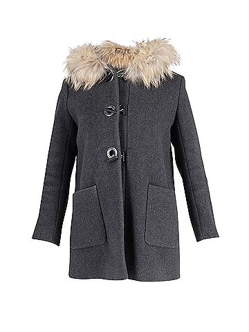 Sandro Sandro Fur Trimmed Hooded Coat in Grey Wool (view 1)