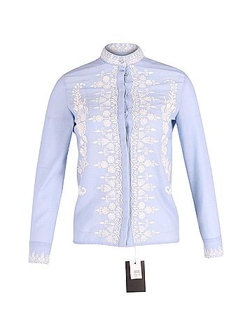 Vilshenko Vilshenko Embroidered Mock Neck Shirt in Blue Cotton Wool  (view 1)