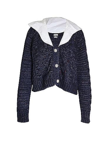 Ganni Ganni Cropped Embellished Poplin-collar Cable-knit Cardigan in Navy Blue Wool (view 1)