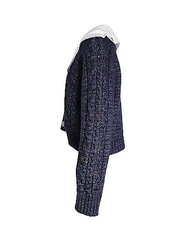 Ganni Ganni Cropped Embellished Poplin-collar Cable-knit Cardigan in Navy Blue Wool (view 2)