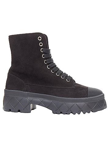 Chanel Chanel black quilted suede silver CC cap toe platform combat boots EU37.5 (view 1)