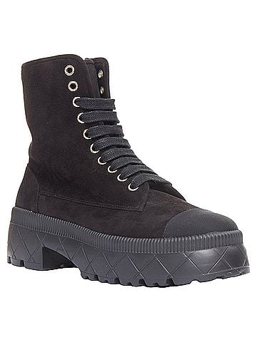 Chanel Chanel black quilted suede silver CC cap toe platform combat boots EU37.5 (view 2)