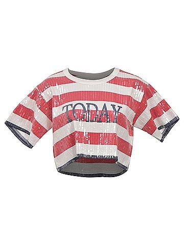 Alberta Ferretti  Alberta Ferretti Stripe Sequined Cropped Top in Red and White Cotton (view 1)