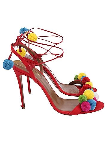 Aquazzura Aquazzura Pom Pom Lace up Sandals in Red Raffia (view 1)